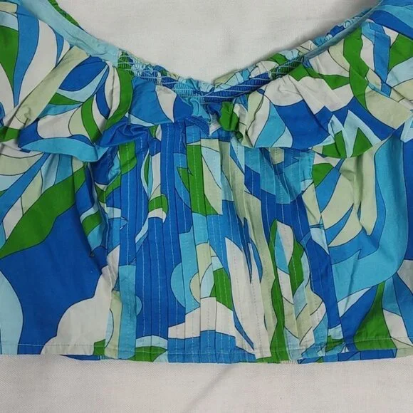 Anthropologie Maeve Top M Blue Puff Sleeve Ruffle Crop Top  V-Neck  Smocked - Picture 5 of 9